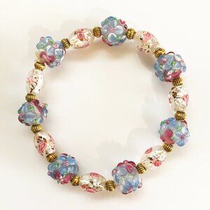Handmade Vintage Murano Glass Bracelet Floral Lampwork Stretch Bracelet